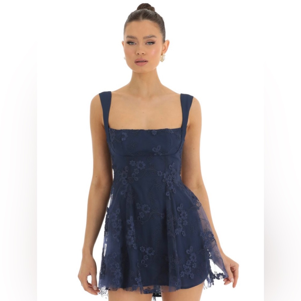 Blue floral mesh and lace Lucy in the Sky mini dress